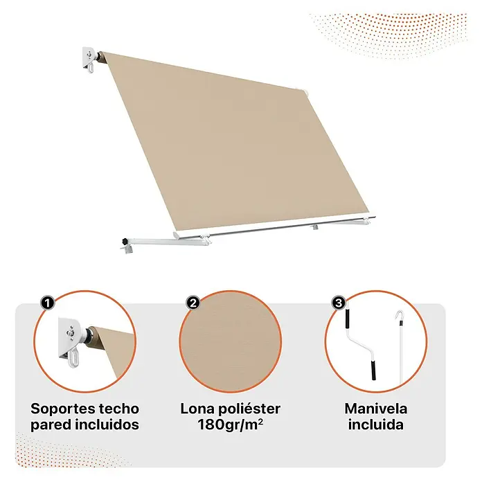 SmartSun Toldo para balcón Urban - Arena, Ancho: 3,95 m, Caída: 2,45 m - Toldo de poliéster beige con soportes de pared y techo incluidos, junto con una manivela manual para una fácil extensión.