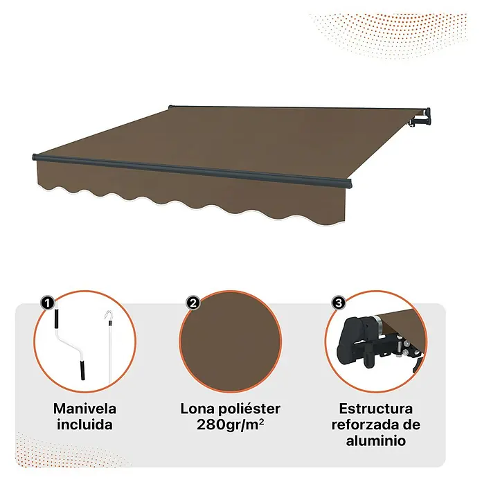 SmartSun Toldo de brazos extensibles Dark Easy Lite Habana - Marrón, Ancho: 3,95 m, Caída: 2,5 m - Toldo con tela de poliéster marrón, estructura de aluminio y manivela. Ideal para sombra y protección contra sol y lluvia.