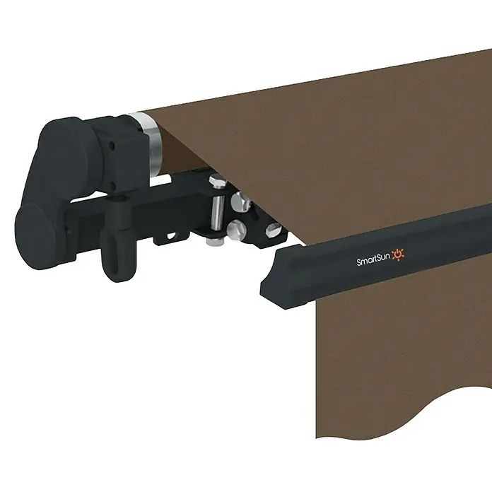 SmartSun Toldo de brazos extensibles Dark Easy Lite Habana - Marrón, Ancho: 3,95 m, Caída: 2,5 m - Primer plano de un toldo SmartSun con tela marrón, destacando su robusta construcción y diseño elegante.