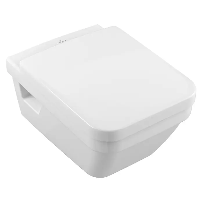 Villeroy & Boch Architectura WC-Sitz - Duroplast, Weiß, Mit Absenkautomatik - Bild einer weißen Villeroy & Boch Wandtoilette mit geschlossenem Deckel, aufgenommen aus der Froschperspektive.