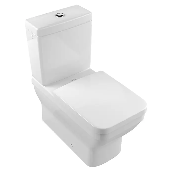 Villeroy & Boch Architectura WC-Sitz - Duroplast, Weiß, Mit Absenkautomatik - Nahaufnahme einer weißen Villeroy & Boch Toilette mit Spülkasten und quadratischem Design, ideal für moderne Badezimmer.