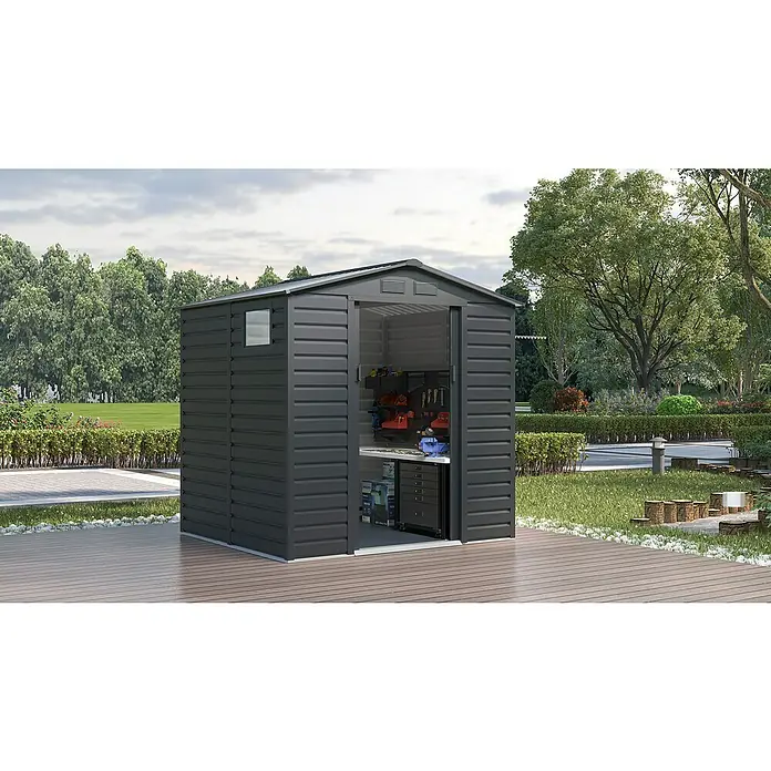 Gardol Gerätehaus Easy One - Außenmaß inkl. Dachüberstand (B x T): 213 x 195 cm, Metall, Anthrazit - Ein geräumiges, graues Gartenhaus mit geöffneter Tür, das einen Einblick in das Werkzeug und die Werkbank im Inneren bietet.