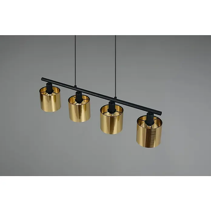 Reality Leuchten Pendelleuchte Jason - 40 W, L x B x H: 12 x 12 x 150 cm, Gold, Schwarz, E14 - Nahaufnahme einer modernen Pendelleuchte mit vier goldenen Lampenschirmen und schwarzer Aufhängung vor einem grauen Hintergrund.