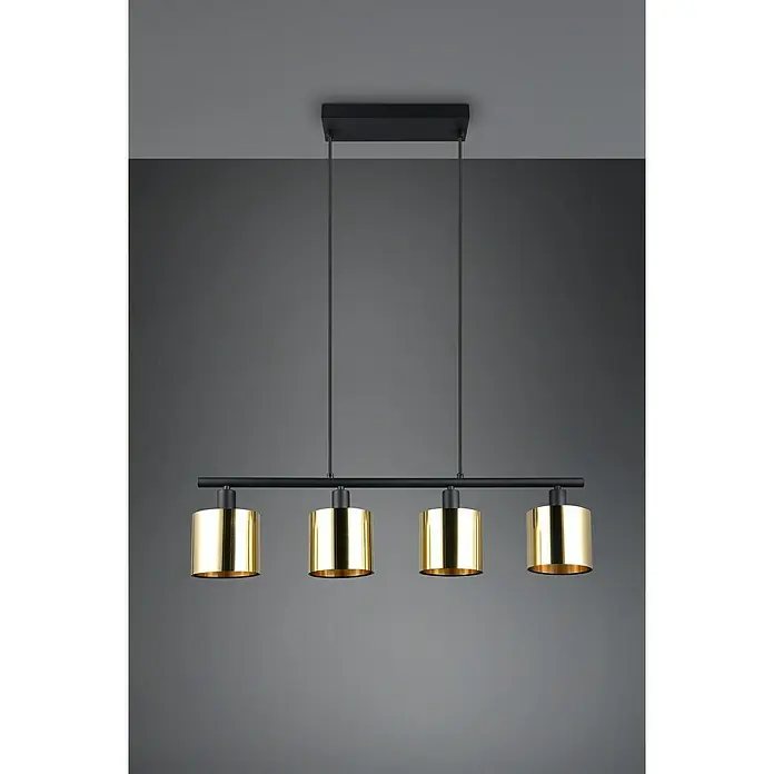 Reality Leuchten Pendelleuchte Jason - 40 W, L x B x H: 12 x 12 x 150 cm, Gold, Schwarz, E14 - Elegante Pendelleuchte mit vier goldenen Lampenschirmen, die von einer schwarzen Stange hängen. Perfekt für modernes Interieur.