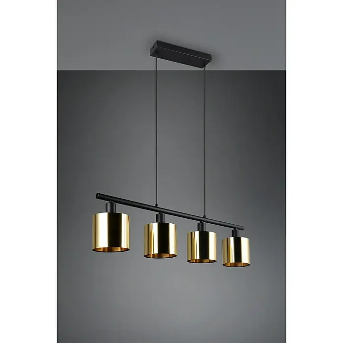 Reality Leuchten Pendelleuchte Jason - 40 W, L x B x H: 12 x 12 x 150 cm, Gold, Schwarz, E14 - Elegante Hängeleuchte mit vier zylinderförmigen, goldenen Lampenschirmen und schwarzer Aufhängung, ideal für moderne Wohnräume.