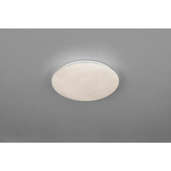 Reality Leuchten LED-Deckenleuchte rund Umbria - 12 W, Ø x H: 28 x 6,5 cm, Alabasterfarbe, Neutralweiß - Diese Aufnahme zeigt eine runde, weiße Deckenleuchte, die sanftes Licht in einem modernen Raum spendet. Das schlichte Design fügt sich nahtlos ein.