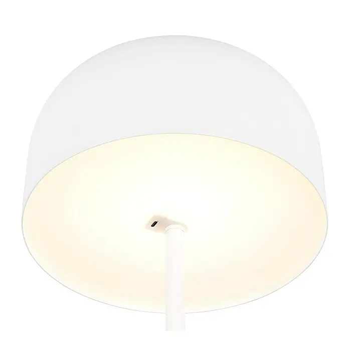 Reality Leuchten LED-Stehleuchte Jeff - 2 W, Höhe: 147 cm, Weiß, Warmweiß - Nahaufnahme einer modernen weißen Stehlampe mit einem kuppelförmigen Lampenschirm, die ein warmes, einladendes Licht ausstrahlt.