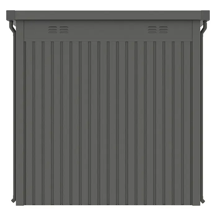 Gardol Gerätehaus Cubus - Außenmaß inkl. Dachüberstand (B x T): 230 x 230 cm, Metall, Schwarz - Abbildung eines modernen Geräteschuppens mit vertikalen Linien. Der Schuppen ist grau und hat Entlüftungsöffnungen unter dem Dach.