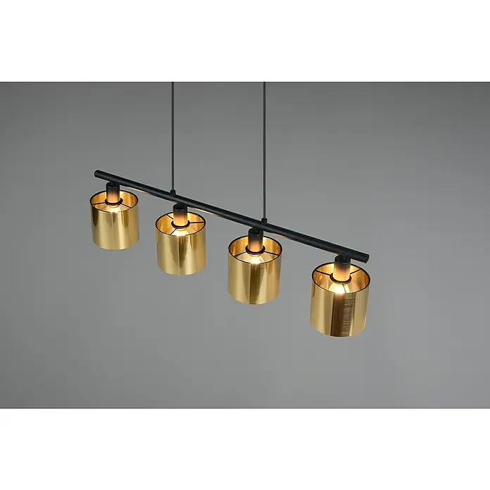 Reality Leuchten Pendelleuchte Jason - 40 W, L x B x H: 12 x 12 x 150 cm, Gold, Schwarz, E14 - Moderne Pendelleuchte mit vier goldenen Zylindern, die von einer schwarzen Stange hängen, für stilvolle Beleuchtung.