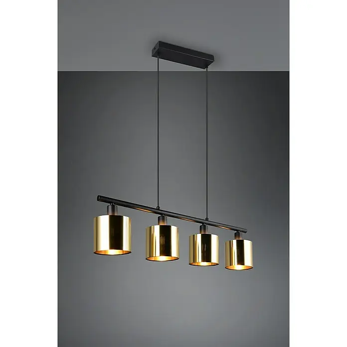 Reality Leuchten Pendelleuchte Jason - 40 W, L x B x H: 12 x 12 x 150 cm, Gold, Schwarz, E14 - Moderne Pendelleuchte mit vier goldenen Lampenschirmen und schwarzer Aufhängung für stilvolle Beleuchtung.
