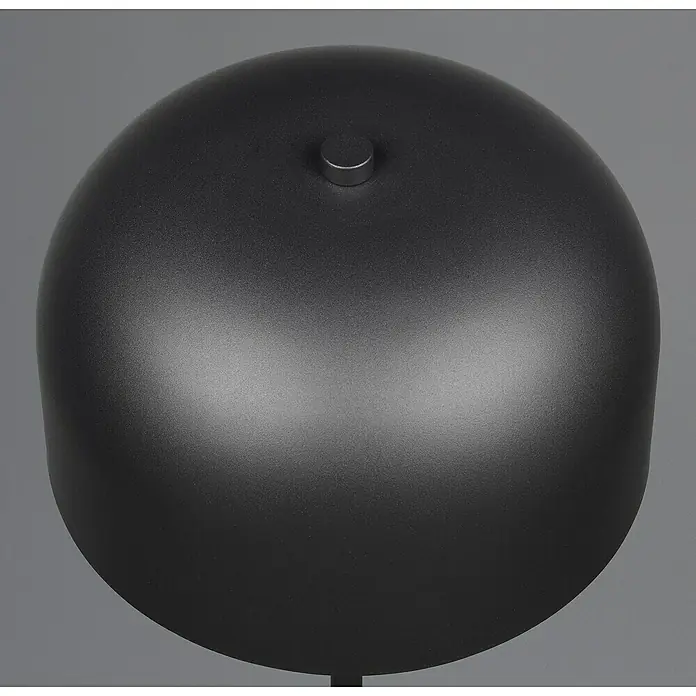 Reality Leuchten LED-Stehleuchte Jeff - 2 W, Höhe: 147 cm, Schwarz, Warmweiß - Nahaufnahme einer mattschwarzen, kugelförmigen Lampe, die ein modernes und minimalistisches Design mit einem kleinen Knopf auf der Oberseite zeigt.