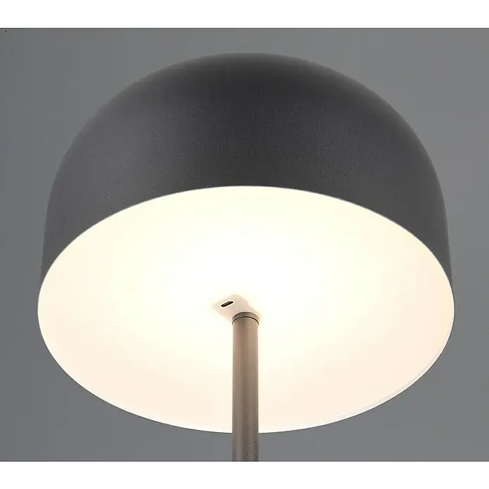 Reality Leuchten LED-Stehleuchte Jeff - 2 W, Höhe: 147 cm, Schwarz, Warmweiß - Nahaufnahme einer modernen Tischleuchte mit grauem Schirm, die ein warmes, blendfreies Licht spendet.\n