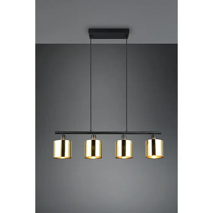 Reality Leuchten Pendelleuchte Jason - 40 W, L x B x H: 12 x 12 x 150 cm, Gold, Schwarz, E14 - Eine moderne, schwarze Hängelampe mit vier goldenen Lampenschirmen sorgt für stilvolle Beleuchtung.