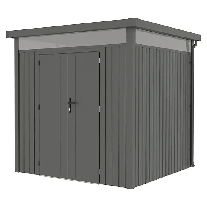 Gardol Gerätehaus Cubus - Außenmaß inkl. Dachüberstand (B x T): 230 x 230 cm, Metall, Schwarz - Ein graues Gerätehaus mit Doppeltür und einem transparenten Oberlicht, das für zusätzlichen Tageslichteinfall sorgt.