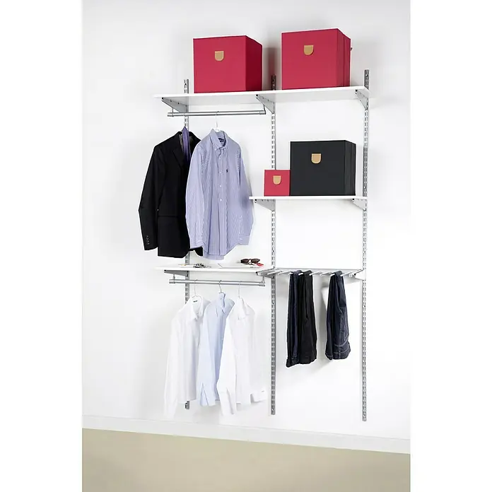 Phönix Wandregal-Set Staxx Diele - L x B x H: 47 x 66 x 223 cm, Traglast Einlegeboden: 20 kg, Weiß/Grau - Ein begehbarer Kleiderschrank mit Regalböden, Kleiderstangen, Kleidung, Kisten und Accessoires.