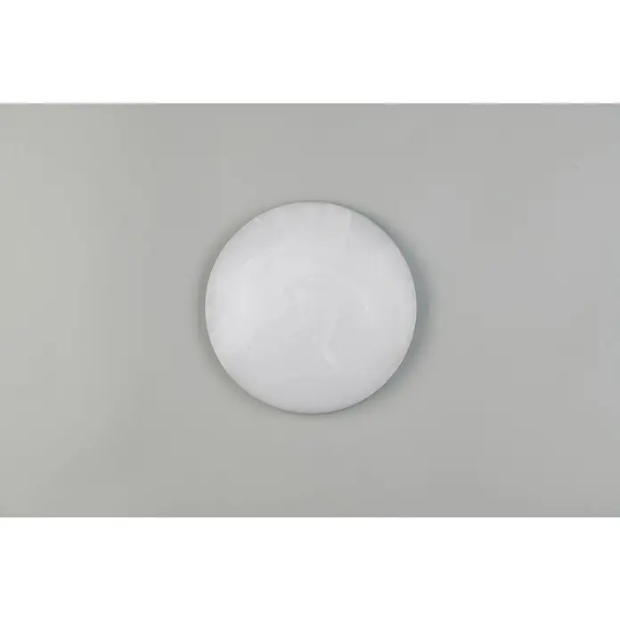 Reality Leuchten LED-Deckenleuchte rund Umbria - 12 W, Ø x H: 28 x 6,5 cm, Alabasterfarbe, Neutralweiß - Nahaufnahme einer runden, weißen Deckenleuchte mit subtilen Marmorierungen vor einem grauen Hintergrund.