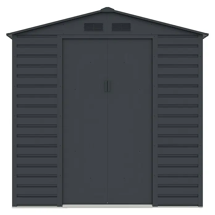 Gardol Gerätehaus Easy One - Außenmaß inkl. Dachüberstand (B x T): 213 x 195 cm, Metall, Anthrazit - Das Bild zeigt ein graues Gartenhaus mit Doppeltür und Giebeldach. Das Metallhaus hat horizontale Verstrebungen an den Seitenwänden.