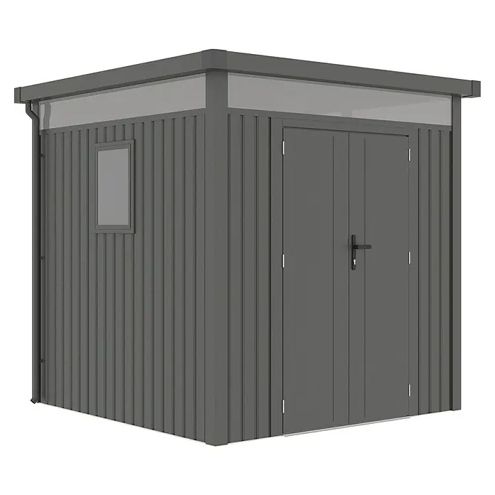 Gardol Gerätehaus Cubus - Außenmaß inkl. Dachüberstand (B x T): 230 x 230 cm, Metall, Schwarz - Ein grauer Metallgarten Schuppen mit einem Fenster und einer Tür. Der Schuppen hat ein modernes Design und ist ideal für die Aufbewahrung von Gartengeräten.
