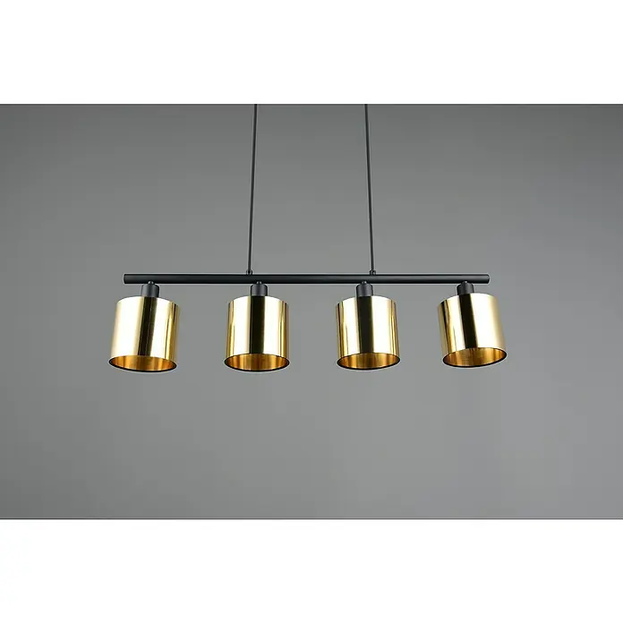 Reality Leuchten Pendelleuchte Jason - 40 W, L x B x H: 12 x 12 x 150 cm, Gold, Schwarz, E14 - Moderne Hängelampe mit vier goldenen Lampenschirmen und schwarzer Aufhängung, ideal für Esszimmer oder Wohnbereiche.