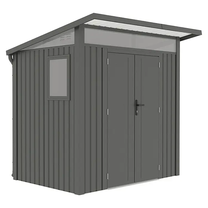 Gardol Gerätehaus Style - Außenmaß inkl. Dachüberstand (B x T): 225 x 190 cm, Metall, Schwarz - Abbildung eines Gartenhauses mit Fenster und Doppeltür, ideal für die Aufbewahrung von Gartengeräten.