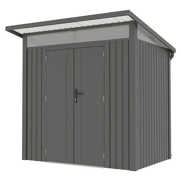 Gardol Gerätehaus Style - Außenmaß inkl. Dachüberstand (B x T): 225 x 190 cm, Metall, Schwarz - Ein graues Gartenhaus mit Doppeltüren und einem Satteldach, ideal für die Aufbewahrung von Gartengeräten und Zubehör.