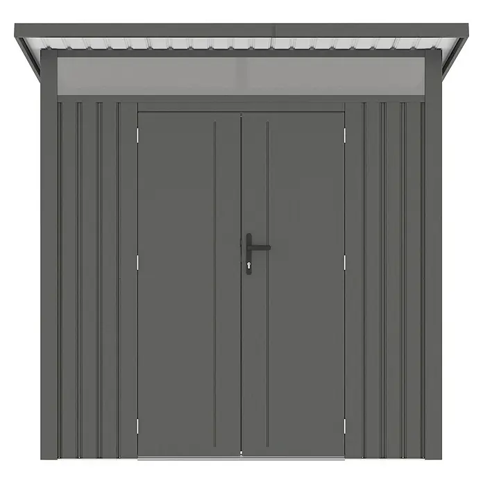 Gardol Gerätehaus Style - Außenmaß inkl. Dachüberstand (B x T): 225 x 190 cm, Metall, Schwarz - Abbildung eines grauen Metallgartenschuppens mit Doppeltür, der eine sichere Aufbewahrung für Gartengeräte und -möbel bietet.