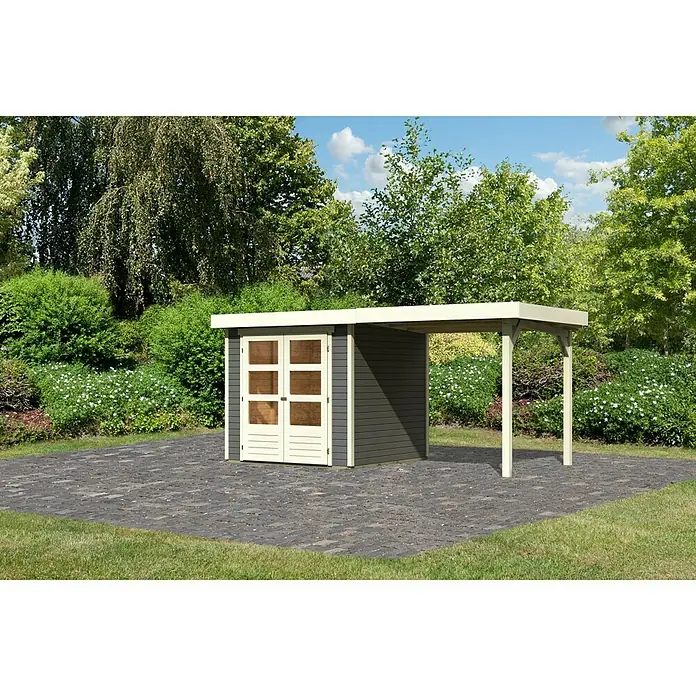 Karibu Gartenhaus Askola 2 - Außenmaß inkl. Dachüberstand (B x T): 467 x 238 cm, Holz, Terragrau, Mit Anbaudach - Holzgartenhaus mit seitlichem Carport und Doppeltüren. Das Gartenhaus bietet Stauraum und Schutz vor den Elementen.
