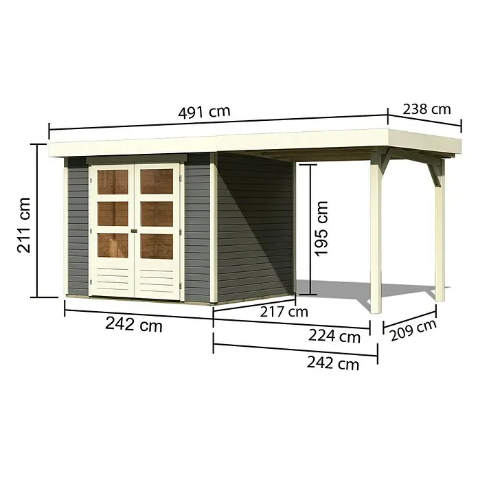 Karibu Gartenhaus Askola 3 - Außenmaß inkl. Dachüberstand (B x T): 491 x 238 cm, Holz, Terragrau, Elfenbinweiß, Mit Anbaudach - Abbildung eines Gerätehauses mit den Massangaben 211 cm, 491 cm, 238 cm, 195 cm, 242 cm, 217 cm, 224 cm und 209 cm.
