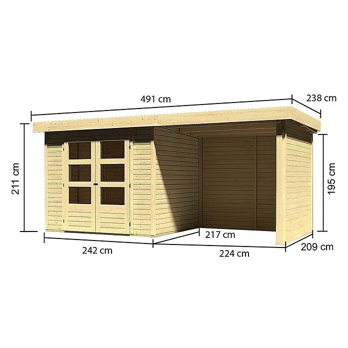 Karibu Gartenhaus Askola - Außenmaß inkl. Dachüberstand (B x T): 491 x 238 cm, Holz, Natur, Mit Anbau, Rück- und Seitenwand - Abmessungen eines Holzgartenhauses mit Flachdach und einer offenen Veranda, inklusive Höhen-, Breiten- und Tiefenangaben in Zentimetern.