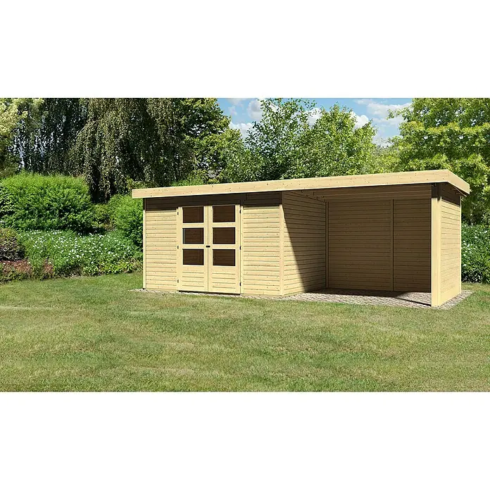 Karibu Gartenhaus Askola - Außenmaß inkl. Dachüberstand (B x T): 591,5 x 238 cm, Holz, Natur, Mit Anbau, Rück- und Seitenwand - Ein geräumiger Holzschuppen mit Doppeltür und seitlichem Unterstand bietet viel Platz für Gartengeräte und mehr.