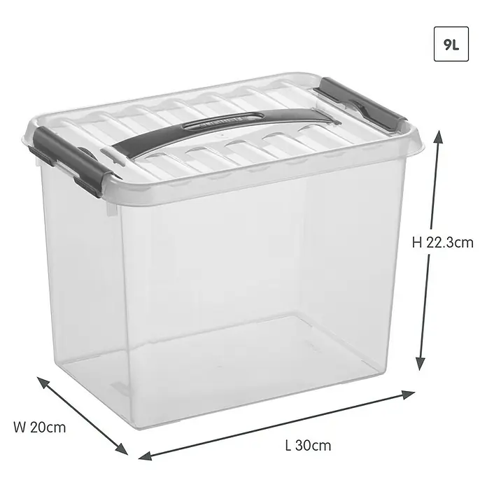 Sunware Aufbewahrungsbox Q-Line - L x B x H: 30 x 20 x 22,3 cm, Kunststoff, Transparent, Farbe Griff: Schwarz - Transparente 9L Aufbewahrungsbox aus Kunststoff mit den Maßen 30 cm Länge, 20 cm Breite und 22,3 cm Höhe.