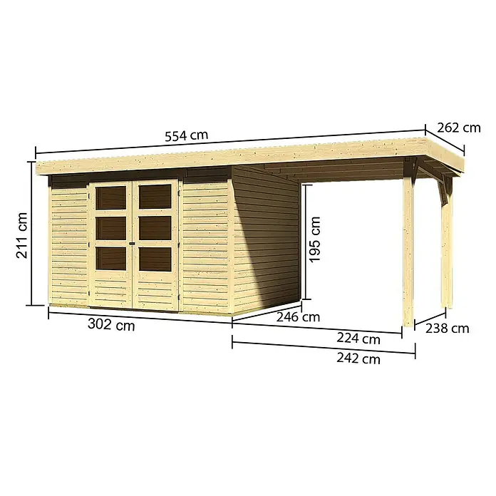 Karibu Gartenhaus Askola - Außenmaß inkl. Dachüberstand (B x T): 554 x 262 cm, Holz, Natur, Mit Anbaudach - Abbildung eines Gerätehauses aus Holz mit Anbau und Größenangaben in Zentimetern.
