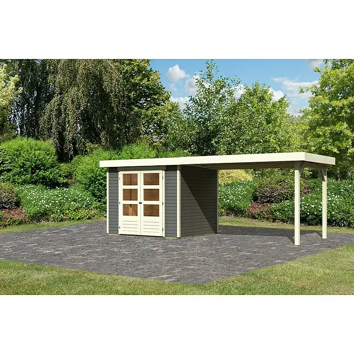 Karibu Gartenhaus Askola 3 - Außenmaß inkl. Dachüberstand (B x T): 528,5 x 238 cm, Holz, Terragrau, Mit Anbaudach - Ein graues Gartenhaus mit Doppeltüren und einem offenen Anbau für zusätzlichen Stauraum im Freien.