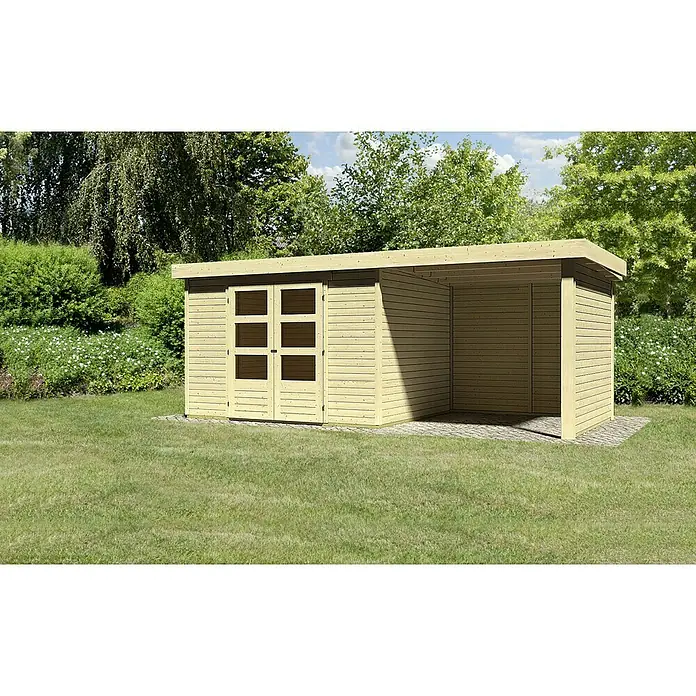 Karibu Gartenhaus Askola - Außenmaß inkl. Dachüberstand (B x T): 554 x 262 cm, Holz, Natur, Mit Anbau, Rück- und Seitenwand - Ein modernes Gartenhaus mit Flachdach und doppelter Tür. Ideal zur Aufbewahrung von Gartengeräten oder als gemütlicher Unterschlupf.