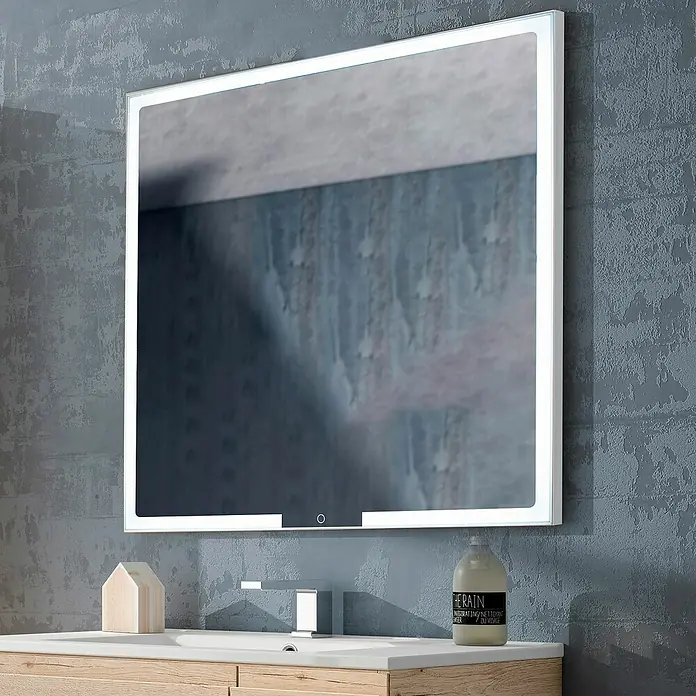 Camargue Espejo con luz Yves - An x Al: 100 x 80 cm - Espejo de baño iluminado moderno sobre un tocador con grifo y dispensador de jabón.
