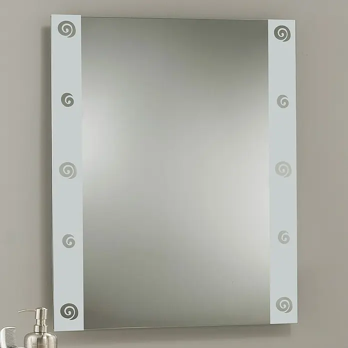 Camargue Espejo con serigrafía Bernice - Plateado - Elegante espejo de baño con detalles espirales a ambos lados, ideal para una decoración moderna.