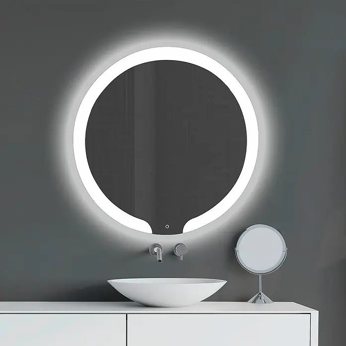 Camargue Espejo con luz Sphere - Diámetro: 90 cm, Sensor - Espejo de baño redondo iluminado con LED montado en una pared gris sobre un elegante lavabo, destacando los accesorios modernos.
