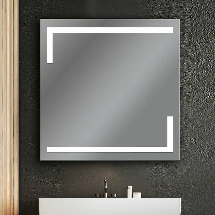Camargue Espejo con luz Onix - 80 x 80 cm - La imagen muestra un espejo de baño moderno con iluminación LED, montado en una pared oscura sobre un elegante lavabo.