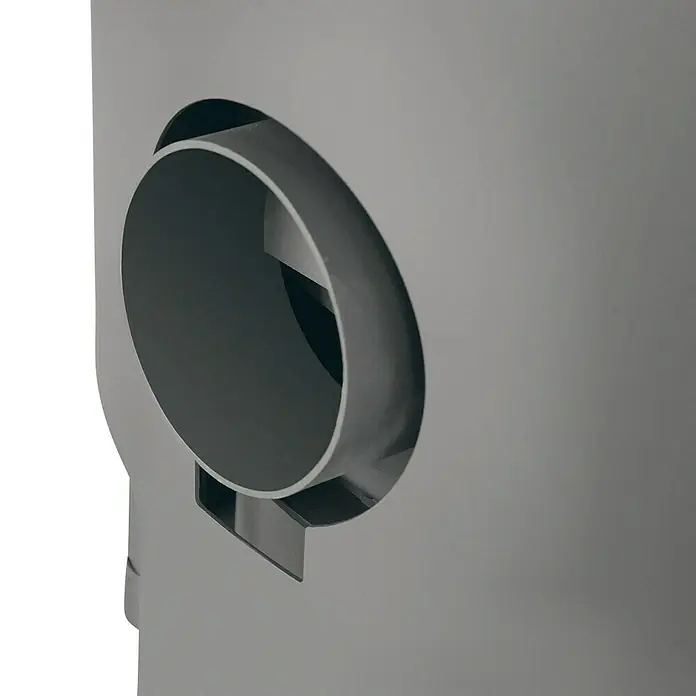 Justus Kaminofen Mino Top 2.0 - 5,5 kW, Raumheizvermögen: 88 m³, Material Verkleidung: Stahl, Schwarz - Nahaufnahme eines modernen grauen Ofens mit einem markanten runden Luftauslass. Das minimalistische Design betont die klare Formgebung.