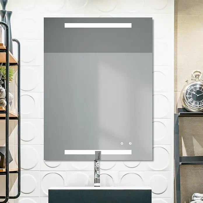 Espejo con luz Arion - 100 x 80 cm, Sensor - Elegante baño con un moderno espejo iluminado LED sobre un lavabo elegante.