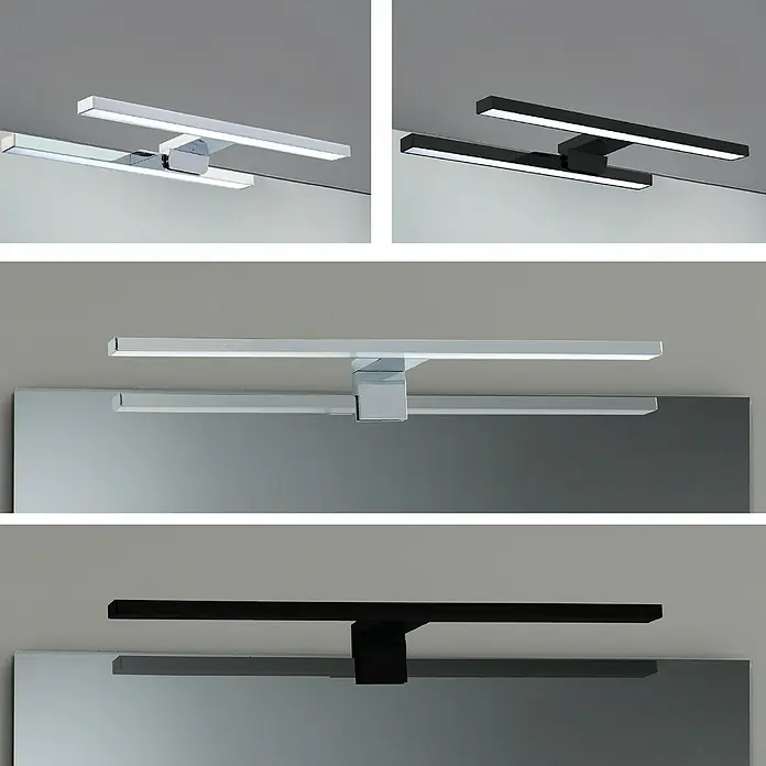 Aplique LED para espejo Altair 30 - Negro, L x An x Al: 12 x 30 x 5 cm - Diferentes vistas de una moderna lámpara LED de baño en cromo y negro.