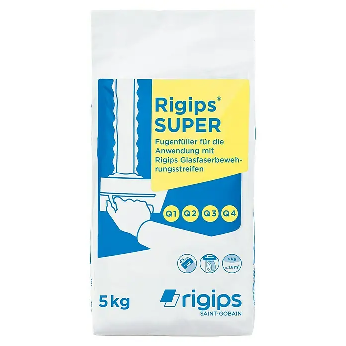 Rigips Fugenspachtel Super - 5 kg - Ein Sack Rigips Super Fugenfüller, ein Produkt von Saint-Gobain, ideal für Fugenanwendungen mit Glasfaserbewehrungsstreifen.