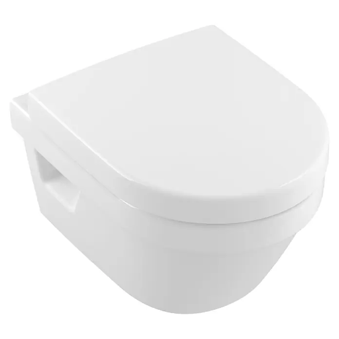 Villeroy & Boch Architectura WC-Sitz Compact - Duroplast, Weiß, Mit Absenkautomatik - Eine Nahaufnahme einer weißen, wandmontierten Toilette mit klaren Linien und abgerundeten Kanten, die ein modernes Baddesign unterstreicht.