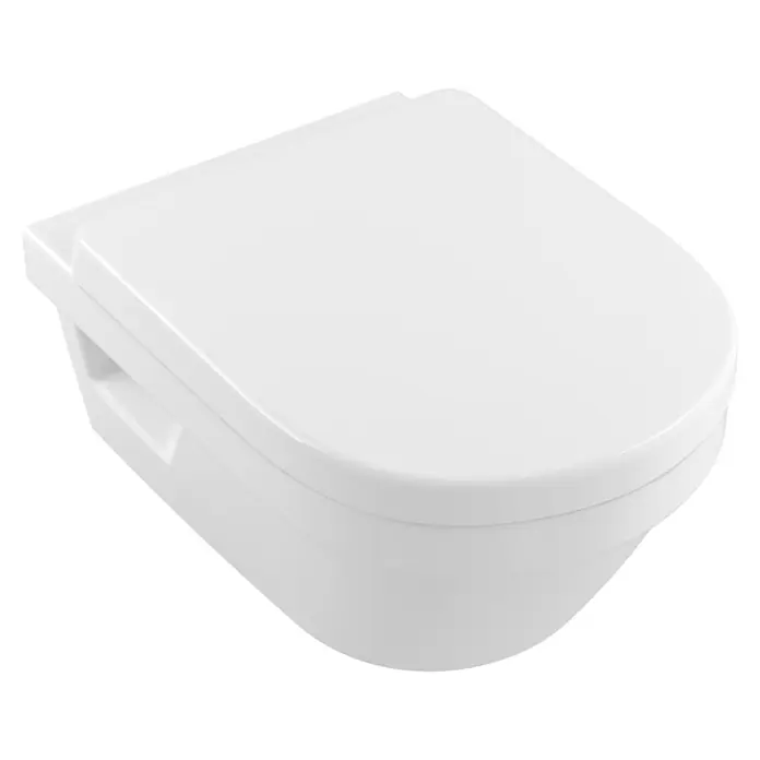 Villeroy & Boch Architectura WC-Sitz XL - Duroplast, Weiß, Mit Absenkautomatik - Nahaufnahme einer weißen, wandmontierten Toilette mit glatter Oberfläche und modernem Design für Badezimmer.