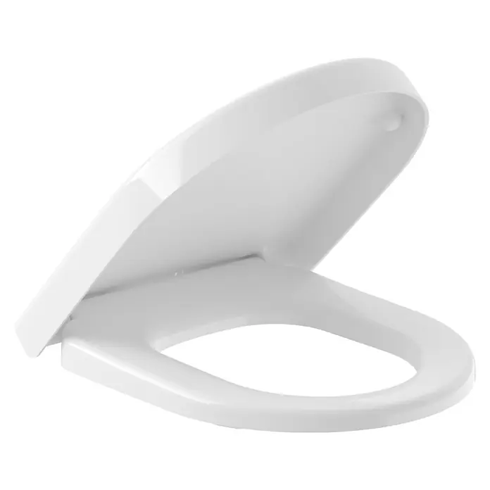 Villeroy & Boch Subway WC-Sitz Compact - Duroplast, Weiß, Ohne Absenkautomatik - Weißer Toilettensitz mit Deckel in geöffnetem Zustand, minimalistisches Design für moderne Badezimmer.