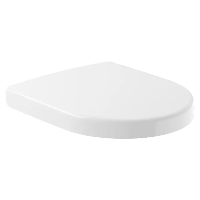 Villeroy & Boch Subway 2.0 WC-Sitz Compact - Duroplast, Weiß, Mit Absenkautomatik - Nahaufnahme eines weißen, dreieckigen Keramikwaschtischs mit abgerundeten Kanten, ideal für kleine Badezimmer.