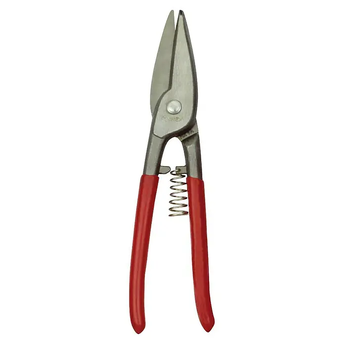 Connex Tijeras para chapa y cortes largos - Largo: 250 mm, Acero - Un primer plano de unas tijeras de hojalatero con mangos rojos, ideales para cortar chapa metálica. Perfecto para artesanos y profesionales.