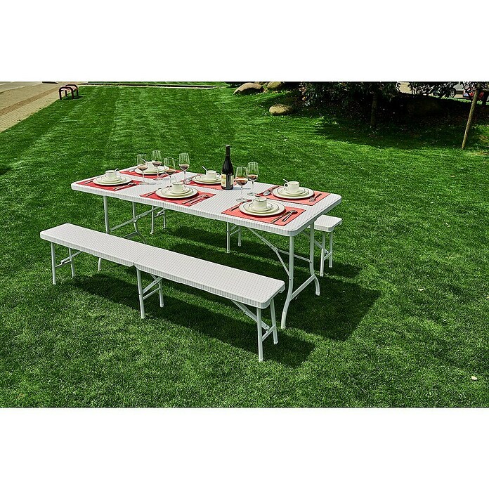 Bierzeltgarnitur Rattanlook (PE, Stahl, Weiß, 1 x Tisch, 2 x Bank) | BAUHAUS