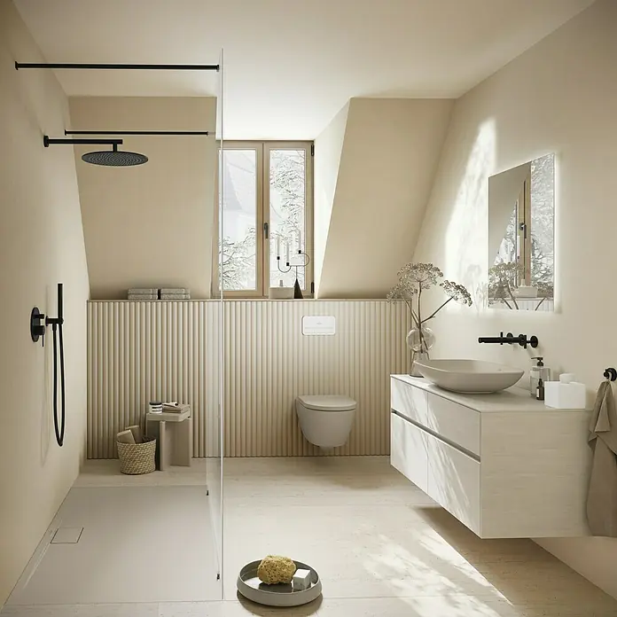 Villeroy & Boch Subway 3.0 WC-Sitz - Duroplast, Almond, Mit Absenkautomatik - Ein modernes Bad mit einer schwarzen Villeroy & Boch Dusche, einem beigen Wand-WC und einem passenden Aufsatzwaschbecken mit schwarzer Armatur.