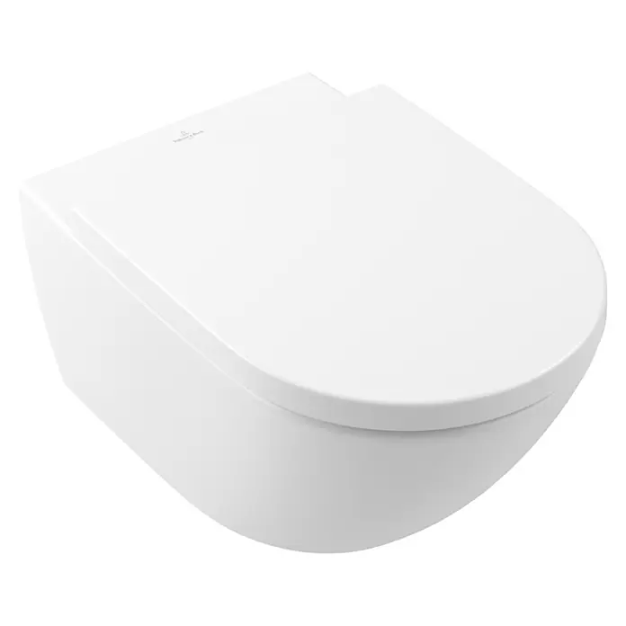 Villeroy & Boch Subway 3.0 WC-Sitz - Duroplast, Stone White, Mit Absenkautomatik - Weißes wandhängendes WC mit geschlossenem Deckel.